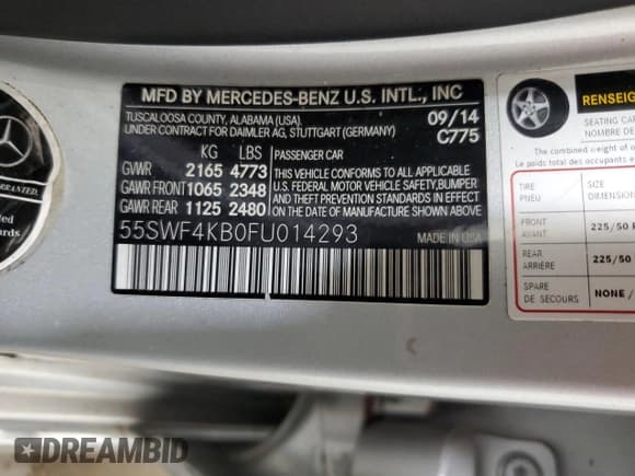 ✅ 2015 Mercedes-Benz C 300 Luxury • VIN: 55SWF4KB0FU014293 • Lot: 68344555. Listed on Copart with Not provided. Free auction sales archive from the USA and detailed vehicle history report at DreamBid. Image 12.