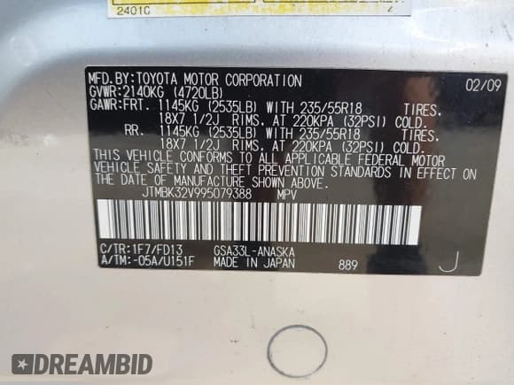 ✅ 2009 Toyota RAV4 Sport • VIN: JTMBK32V995079388 • Lot: 42522279. Listed on IAAI with 140,497 mi. Free auction sales archive from the USA and detailed vehicle history report at DreamBid. Image 9.