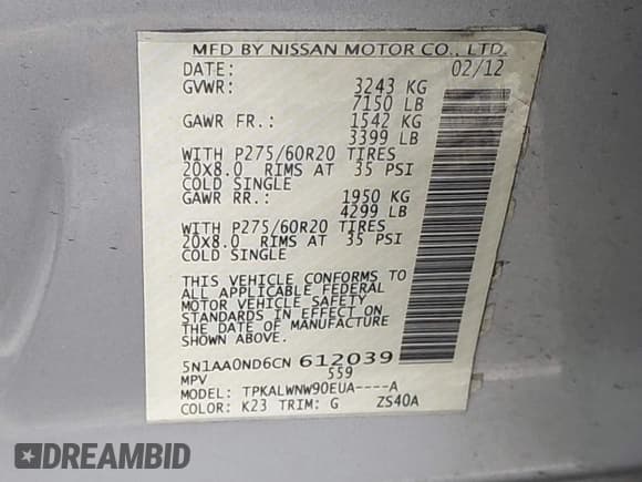 ✅ 2012 Nissan Armada SV • VIN: 5N1AA0ND6CN612039 • Lot: 43732861. Listed on IAAI with 185,079 mi. Free auction sales archive from the USA and detailed vehicle history report at DreamBid. Image 9.