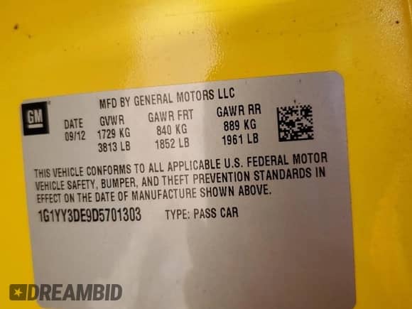 2013 Chevrolet Corvette 427 1SB with VIN 1G1YY3DE9D5701303, listed as a Copart auction lot 56725165 with 82,428 mi miles and Salvage title. Bid and sale history available at DreamBid. Image 13.
