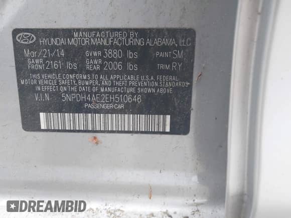 2014 Hyundai Elantra SE с VIN 5NPDH4AE2EH510646, выставлен на аукционе IAAI как лот 43584575 с пробегом 177 821 миль миль и . История ставок и продаж доступна на DreamBid. Изображение 9.