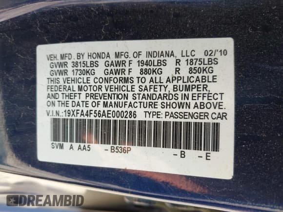 ✅ 2010 Honda Civic GX • VIN: 19XFA4F56AE000286 • Lot: 42626457. Listed on IAAI with Not provided. Free auction sales archive from the USA and detailed vehicle history report at DreamBid. Image 9.