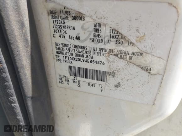 ✅ 2004 Ford F-250 XL • VIN: 1FTNX20L94EB54576 • Lot: 42345311. Wystawiony na IAAI z przebiegiem 176 877 mil. Bezpłatny archiwum sprzedaży aukcyjnych z USA i szczegółowy raport historii pojazdu na DreamBid. Zdjęcie 9.