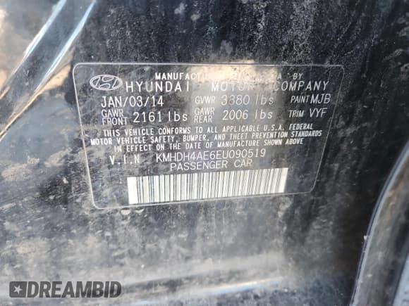 ✅ 2014 Hyundai Elantra SE • VIN: KMHDH4AE6EU090519 • Lot: 91928405. Listed on Copart with 154,719 mi. Free auction sales archive from the USA and detailed vehicle history report at DreamBid. Image 12.