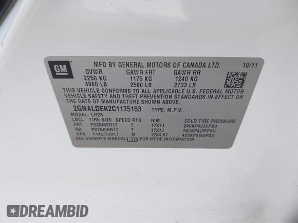 ✅ 2012 Chevrolet Equinox 1LT • VIN: 2GNALDEK2C1175153 • Lot: 43385649. Listed on IAAI with 148,856 mi. Free auction sales archive from the USA and detailed vehicle history report at DreamBid. Image 9.