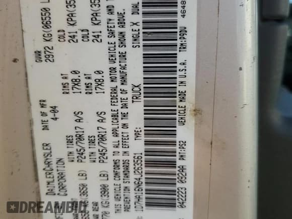 ✅ 2004 Dodge 1500 ST • VIN: 1D7HA16N64J263561 • Лот: 73084654. Опубликован ранее на Copart с пробегом 178 563 миль. Бесплатный доступ к архиву аукционных продаж из США и подробный отчёт об истории автомобиля на DreamBid. Изображение 12.