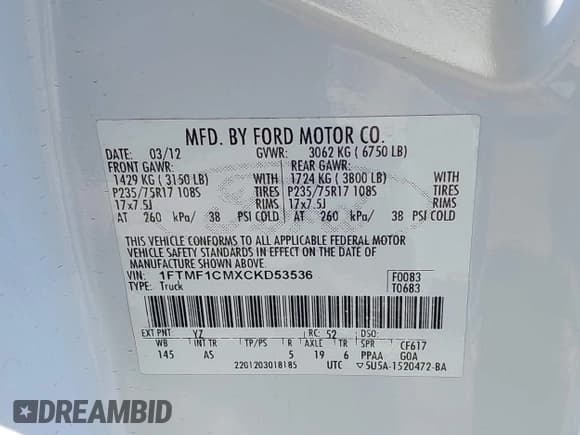 ✅ 2012 Ford F-150 XL • VIN: 1FTMF1CMXCKD53536 • Lot: 42354374. Listed on IAAI with 303,651 mi. Free auction sales archive from the USA and detailed vehicle history report at DreamBid. Image 9.