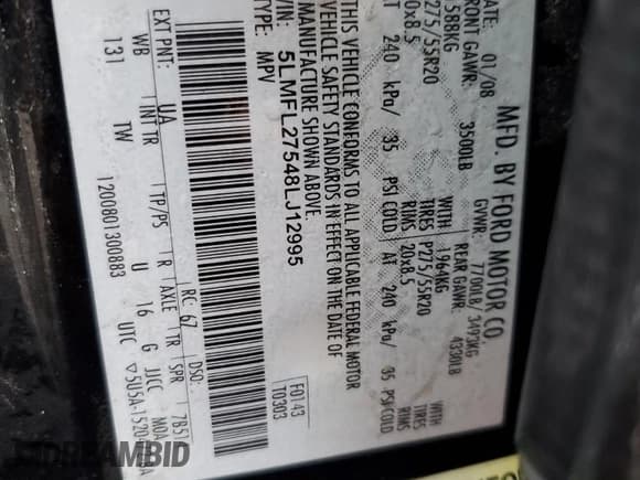 ✅ 2008 Lincoln Navigator • VIN: 5LMFL27548LJ12995 • Лот: 45030025. Опубликован ранее на Copart с пробегом 166 145 миль. Бесплатный доступ к архиву аукционных продаж из США и подробный отчёт об истории автомобиля на DreamBid. Изображение 13.