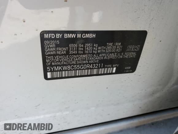 ✅ 2016 BMW X6 M • VIN: 5YMKW8C55G0R43211 • Lot: 58182505. Listed on Copart with 62,164 mi. Free auction sales archive from the USA and detailed vehicle history report at DreamBid. Image 12.