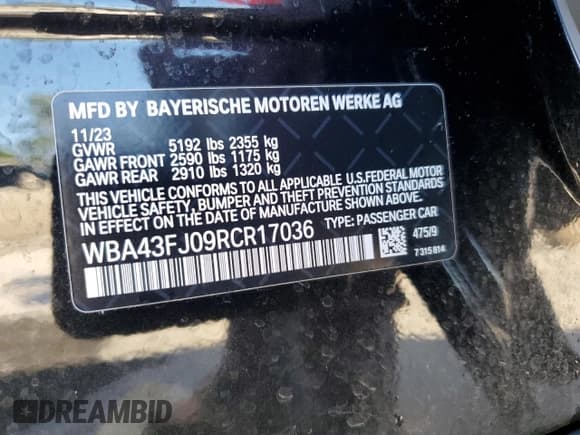 ✅ 2024 BMW 5 Series 530i • VIN: WBA43FJ09RCR17036 • Lot: 85694394. Listed on Copart with 11,900 mi. Free auction sales archive from the USA and detailed vehicle history report at DreamBid. Image 14.