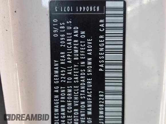 ✅ 2011 Volkswagen Golf • VIN: WVWAA7AJ1BW082287 • Lot: 47391885. Wystawiony na Copart z przebiegiem 57 156 mil. Bezpłatny archiwum sprzedaży aukcyjnych z USA i szczegółowy raport historii pojazdu na DreamBid. Zdjęcie 13.