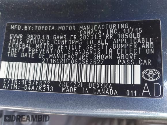 ✅ 2016 Toyota Corolla L • VIN: 2T1BURHE0GC562627 • Lot: 43329805. Listed on IAAI with 120,070 mi. Free auction sales archive from the USA and detailed vehicle history report at DreamBid. Image 9.