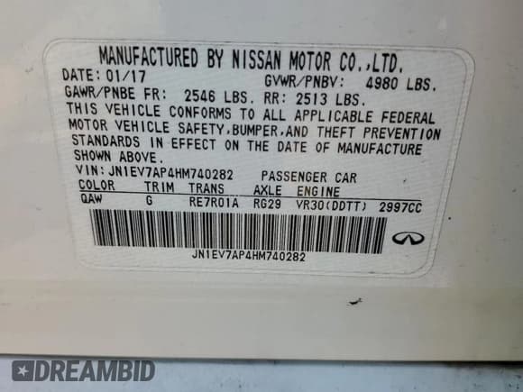 ✅ 2017 Infiniti Q50 Premium • VIN: JN1EV7AP4HM740282 • Lot: 80563245. Listed on Copart with 159,260 mi. Free auction sales archive from the USA and detailed vehicle history report at DreamBid. Image 12.