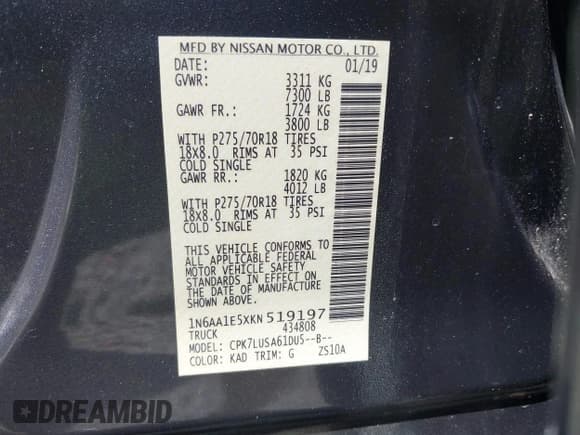 ✅ 2019 Nissan Titan Platinum Reserve • VIN: 1N6AA1E5XKN519197 • Lot: 42430079. Listed on IAAI with 73,108 mi. Free auction sales archive from the USA and detailed vehicle history report at DreamBid. Image 9.