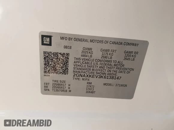 ✅ 2019 Chevrolet Equinox LT • VIN: 2GNAXKEV3K6138147 • Lot: 43639906. Listed on IAAI with 124,421 mi. Free auction sales archive from the USA and detailed vehicle history report at DreamBid. Image 9.