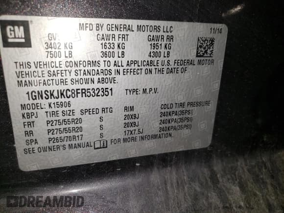 ✅ 2015 Chevrolet Suburban LT • VIN: 1GNSKJKC8FR532351 • Лот: 84644825. Опубликован ранее на Copart с пробегом 175 536 миль. Бесплатный доступ к архиву аукционных продаж из США и подробный отчёт об истории автомобиля на DreamBid. Изображение 13.