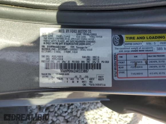 ✅ 2010 Ford Fusion SE • VIN: 3FAHP0HA2AR323887 • Lot: 53190995. Listed on Copart with 243,153 mi. Free auction sales archive from the USA and detailed vehicle history report at DreamBid. Image 13.