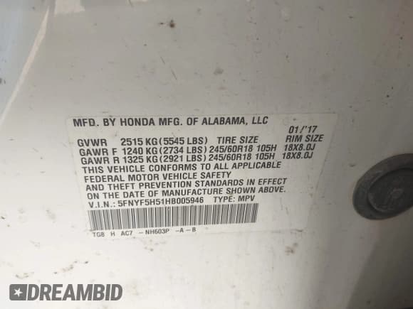 ✅ 2017 Honda Pilot EX-L • VIN: 5FNYF5H51HB005946 • Лот: 43580731. Опубликован ранее на IAAI с пробегом 93 065 миль. Бесплатный доступ к архиву аукционных продаж из США и подробный отчёт об истории автомобиля на DreamBid. Изображение 9.