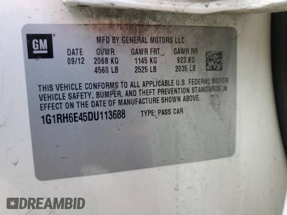 2013 Chevrolet Volt z VIN 1G1RH6E45DU113688, wystawiony jako Copart lot #60438744 z przebiegiem 106 720 mil mil oraz Szkoda całkowita • Salvage title. Historia ofert i sprzedaży dostępna na DreamBid. Obrazek 12.