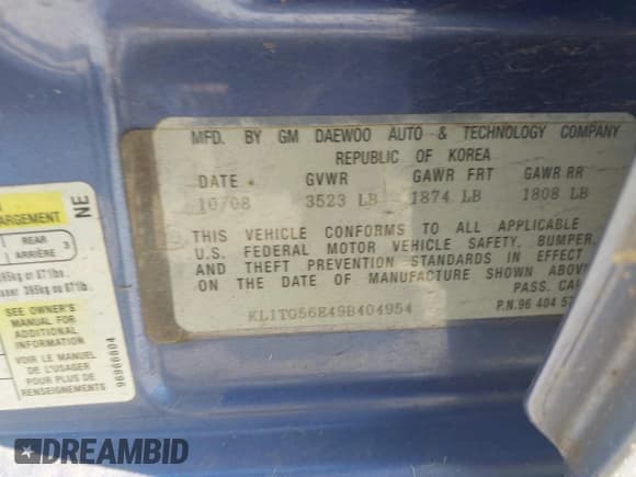 ✅ 2009 Chevrolet Aveo 2LT • VIN: KL1TG56E49B404954 • Lot: 43389051. Listed on IAAI with Not provided. Free auction sales archive from the USA and detailed vehicle history report at DreamBid. Image 9.