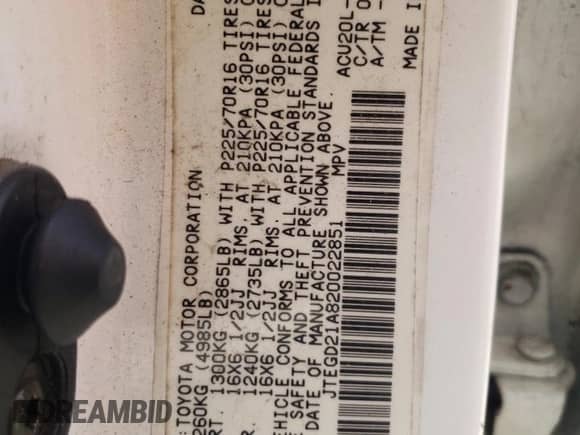 2002 Toyota Highlander with VIN JTEGD21A820022851, listed as a Copart auction lot 69449824 with 166,305 mi miles and Clean title. Bid and sale history available at DreamBid. Image 13.