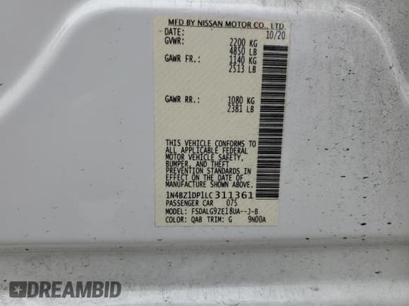 ✅ 2020 Nissan LEAF SL Plus • VIN: 1N4BZ1DP1LC311361 • Lot: 89895985. Listed on Copart with 34,798 mi. Free auction sales archive from the USA and detailed vehicle history report at DreamBid. Image 12.