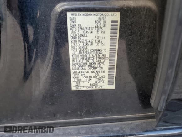 ✅ 2008 Nissan Pathfinder SE • VIN: 5N1AR18U58C608450 • Lot: 80220075. Listed on Copart with 260,556 mi. Free auction sales archive from the USA and detailed vehicle history report at DreamBid. Image 13.