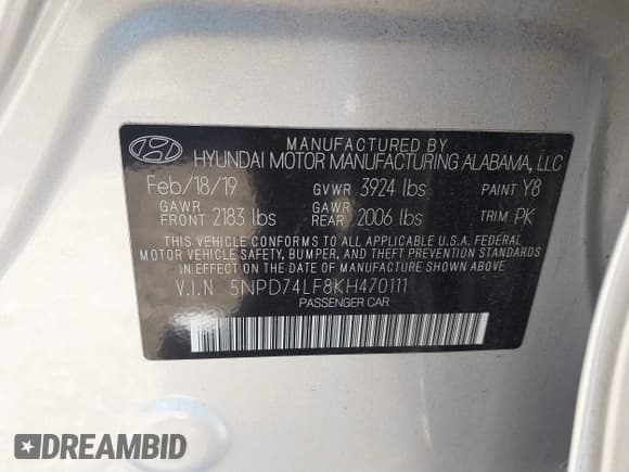 ✅ 2019 Hyundai Elantra SE • VIN: 5NPD74LF8KH470111 • Lot: 41348635. Listed on IAAI with 109,880 mi. Free auction sales archive from the USA and detailed vehicle history report at DreamBid. Image 9.