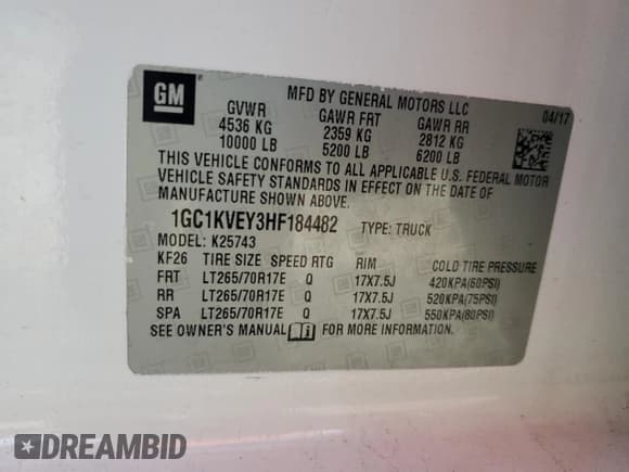 ✅ 2017 Chevrolet Silverado 2500HD LT • VIN: 1GC1KVEY3HF184482 • Lot: 66551685. Wystawiony na Copart z przebiegiem 192 220 mil. Bezpłatny archiwum sprzedaży aukcyjnych z USA i szczegółowy raport historii pojazdu na DreamBid. Zdjęcie 12.