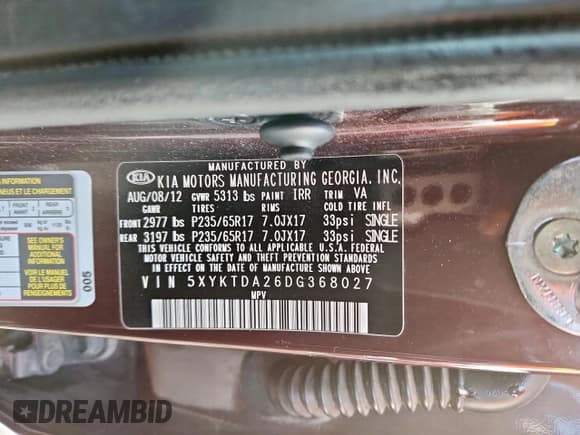 ✅ 2013 Kia Sorento LX • VIN: 5XYKTDA26DG368027 • Lot: 93560615. Listed on Copart with 140,902 mi. Free auction sales archive from the USA and detailed vehicle history report at DreamBid. Image 13.