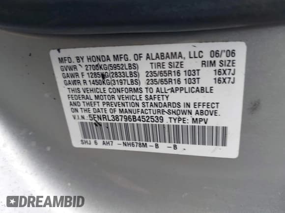 ✅ 2006 Honda Odyssey EX-L • VIN: 5FNRL38796B452539 • Lot: 43690465. Wystawiony na IAAI z przebiegiem 127 937 mil. Bezpłatny archiwum sprzedaży aukcyjnych z USA i szczegółowy raport historii pojazdu na DreamBid. Zdjęcie 9.