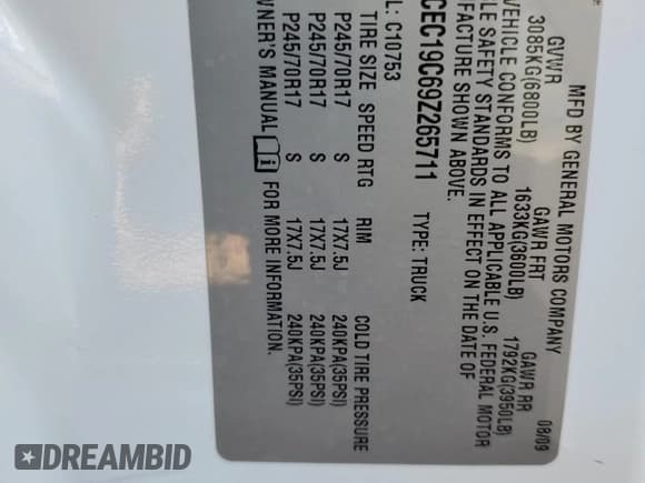 ✅ 2009 Chevrolet Silverado 1500 Work Truck • VIN: 1GCEC19C69Z265711 • Lot: 76830684. Listed on Copart with 210,665 mi. Free auction sales archive from the USA and detailed vehicle history report at DreamBid. Image 12.