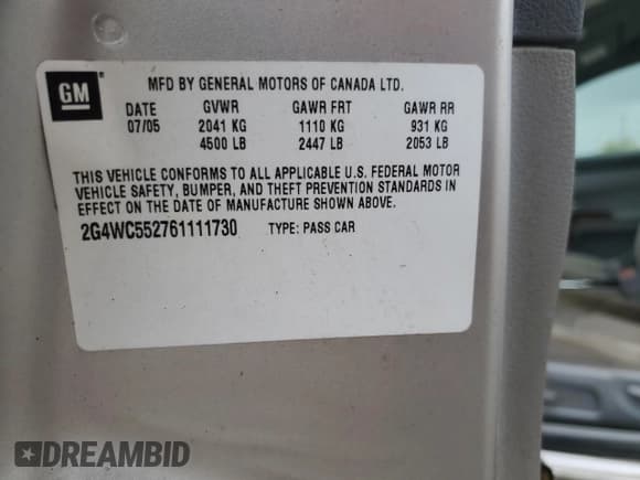 ✅ 2006 Buick LaCrosse CX • VIN: 2G4WC552761111730 • Lot: 55835895. Listed on Copart with 159,624 mi. Free auction sales archive from the USA and detailed vehicle history report at DreamBid. Image 12.