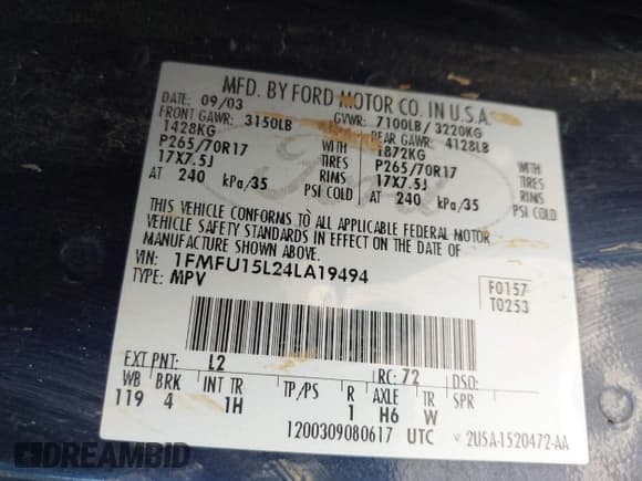 ✅ 2004 Ford Expedition Special Service • VIN: 1FMFU15L24LA19494 • Lot: 42749526. Wystawiony na IAAI z przebiegiem 260 950 mil. Bezpłatny archiwum sprzedaży aukcyjnych z USA i szczegółowy raport historii pojazdu na DreamBid. Zdjęcie 9.