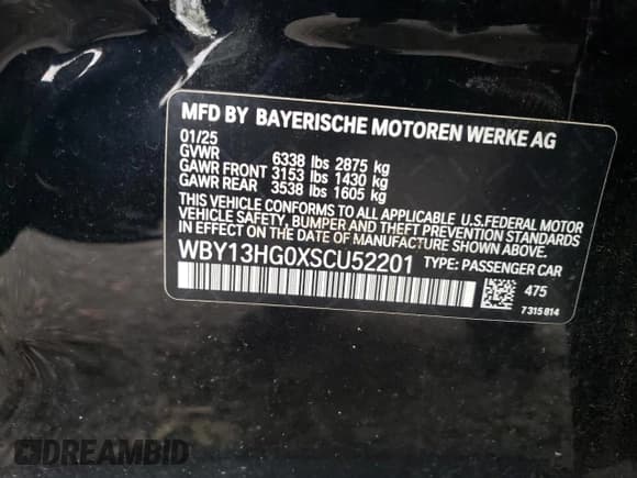 ✅ 2025 BMW i5 • VIN: WBY13HG0XSCU52201 • Lot: 92373915. Listed on Copart with 168 mi. Free auction sales archive from the USA and detailed vehicle history report at DreamBid. Image 12.