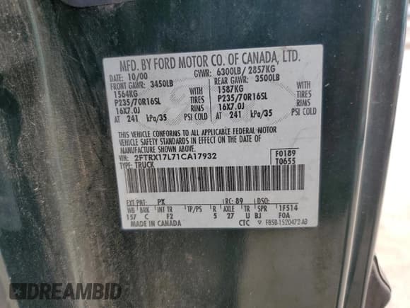 ✅ 2001 Ford F-150 XL • VIN: 2FTRX17L71CA17932 • Lot: 67893015. Listed on Copart with 283,192 mi. Free auction sales archive from the USA and detailed vehicle history report at DreamBid. Image 12.