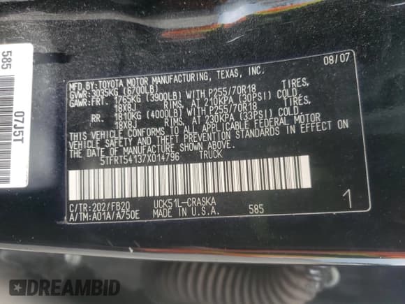 ✅ 2007 Toyota Tundra SR5 • VIN: 5TFRT54137X014796 • Lot: 56146235. Wystawiony na Copart z przebiegiem 324 066 mil. Bezpłatny archiwum sprzedaży aukcyjnych z USA i szczegółowy raport historii pojazdu na DreamBid. Zdjęcie 12.