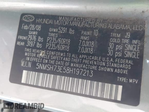 ✅ 2008 Hyundai Santa Fe SE • VIN: 5NMSH73E58H197213 • Lot: 43312271. Wystawiony na IAAI z przebiegiem 171 614 mil. Bezpłatny archiwum sprzedaży aukcyjnych z USA i szczegółowy raport historii pojazdu na DreamBid. Zdjęcie 9.