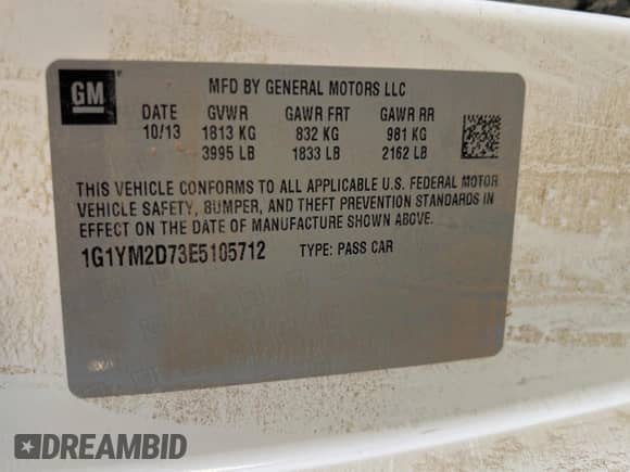 2014 Chevrolet Corvette Z51 3LT с VIN 1G1YM2D73E5105712, выставлен на аукционе Copart как лот 67979104 с пробегом 19 344 миль миль и Списание • Salvage title. История ставок и продаж доступна на DreamBid. Изображение 10.