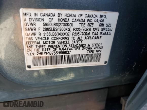 ✅ 2005 Honda Pilot EX-L • VIN: 2HKYF18765H556137 • Lot: 80779035. Wystawiony na Copart z przebiegiem 246 042 mil. Bezpłatny archiwum sprzedaży aukcyjnych z USA i szczegółowy raport historii pojazdu na DreamBid. Zdjęcie 13.