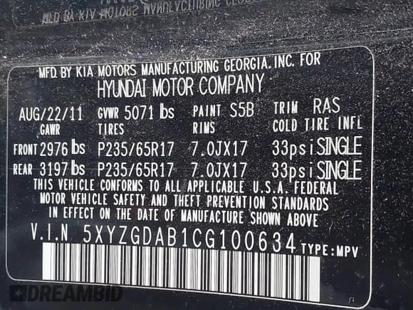 ✅ 2012 Hyundai Santa Fe GLS • VIN: 5XYZGDAB1CG100634 • Lot: 43607374. Listed on IAAI with 178,389 mi. Free auction sales archive from the USA and detailed vehicle history report at DreamBid. Image 9.