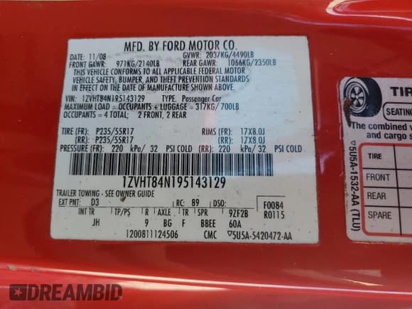 ✅ 2009 Ford Mustang • VIN: 1ZVHT84N195143129 • Lot: 85766555. Listed on Copart with 180,850 mi. Free auction sales archive from the USA and detailed vehicle history report at DreamBid. Image 13.