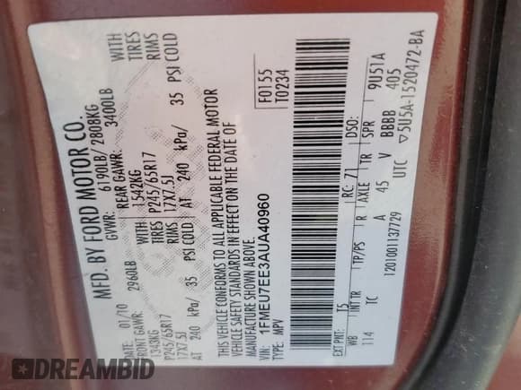 ✅ 2010 Ford Explorer Eddie Bauer • VIN: 1FMEU7EE3AUA40960 • Lot: 53076935. Wystawiony na Copart z przebiegiem 241 880 mil. Bezpłatny archiwum sprzedaży aukcyjnych z USA i szczegółowy raport historii pojazdu na DreamBid. Zdjęcie 13.