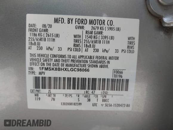 ✅ 2020 Ford Explorer • VIN: 1FMSK8BHXLGC98066 • Lot: 43250380. Wystawiony na IAAI z przebiegiem 94 856 mil. Bezpłatny archiwum sprzedaży aukcyjnych z USA i szczegółowy raport historii pojazdu na DreamBid. Zdjęcie 9.