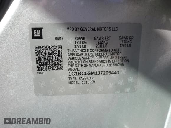 ✅ 2018 Chevrolet Cruze LS • VIN: 1G1BC5SM1J7205440 • Lot: 66359193. Listed on Copart with 15,435 mi. Free auction sales archive from the USA and detailed vehicle history report at DreamBid. Image 14.