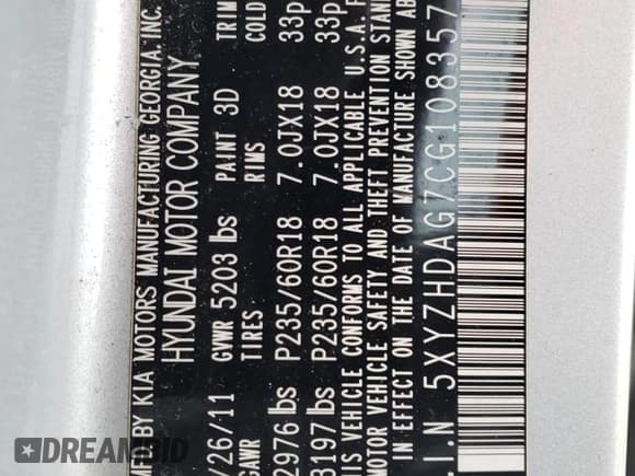 ✅ 2012 Hyundai Santa Fe SE • VIN: 5XYZHDAG7CG108357 • Lot: 85287084. Listed on Copart with 162,684 mi. Free auction sales archive from the USA and detailed vehicle history report at DreamBid. Image 16.