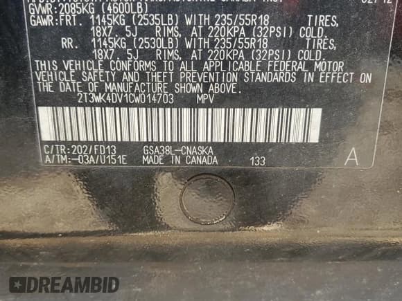 ✅ 2012 Toyota RAV4 Sport • VIN: 2T3WK4DV1CW014703 • Lot: 84185315. Listed on Copart with 150,874 mi. Free auction sales archive from the USA and detailed vehicle history report at DreamBid. Image 13.