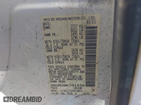 ✅ 2021 Nissan Frontier SV • VIN: 1N6ED0EA6MN701496 • Lot: 43144366. Listed on IAAI with 81,457 mi. Free auction sales archive from the USA and detailed vehicle history report at DreamBid. Image 9.