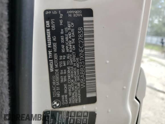 1992 BMW 3 Series z VIN WBABB231XNEC27838, wystawiony jako Copart lot #60816395 z przebiegiem 56 159 mil mil oraz Szkoda całkowita • Salvage title. Historia ofert i sprzedaży dostępna na DreamBid. Obrazek 12.