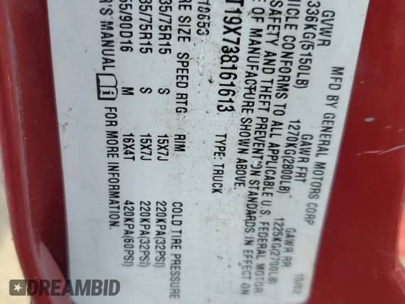 2003 Chevrolet S-10 LS с VIN 1GCDT19X738161613, выставлен на аукционе Copart как лот 76323204 с пробегом Не указан миль и Списание • Salvage title. История ставок и продаж доступна на DreamBid. Изображение 14.